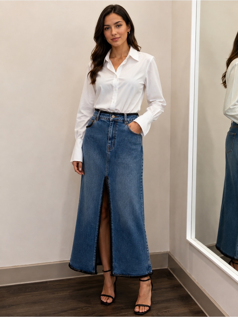 Alice + Olivia Rye Denim Maxi Skirt with Leather – Lola Blue/Black – Size 28 NWT
